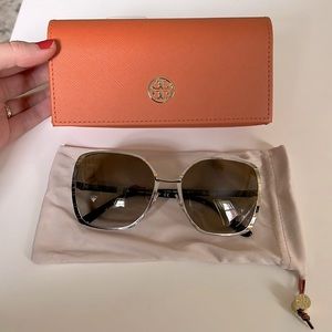 Tory Burch square frame, gold and silver sunglasses.